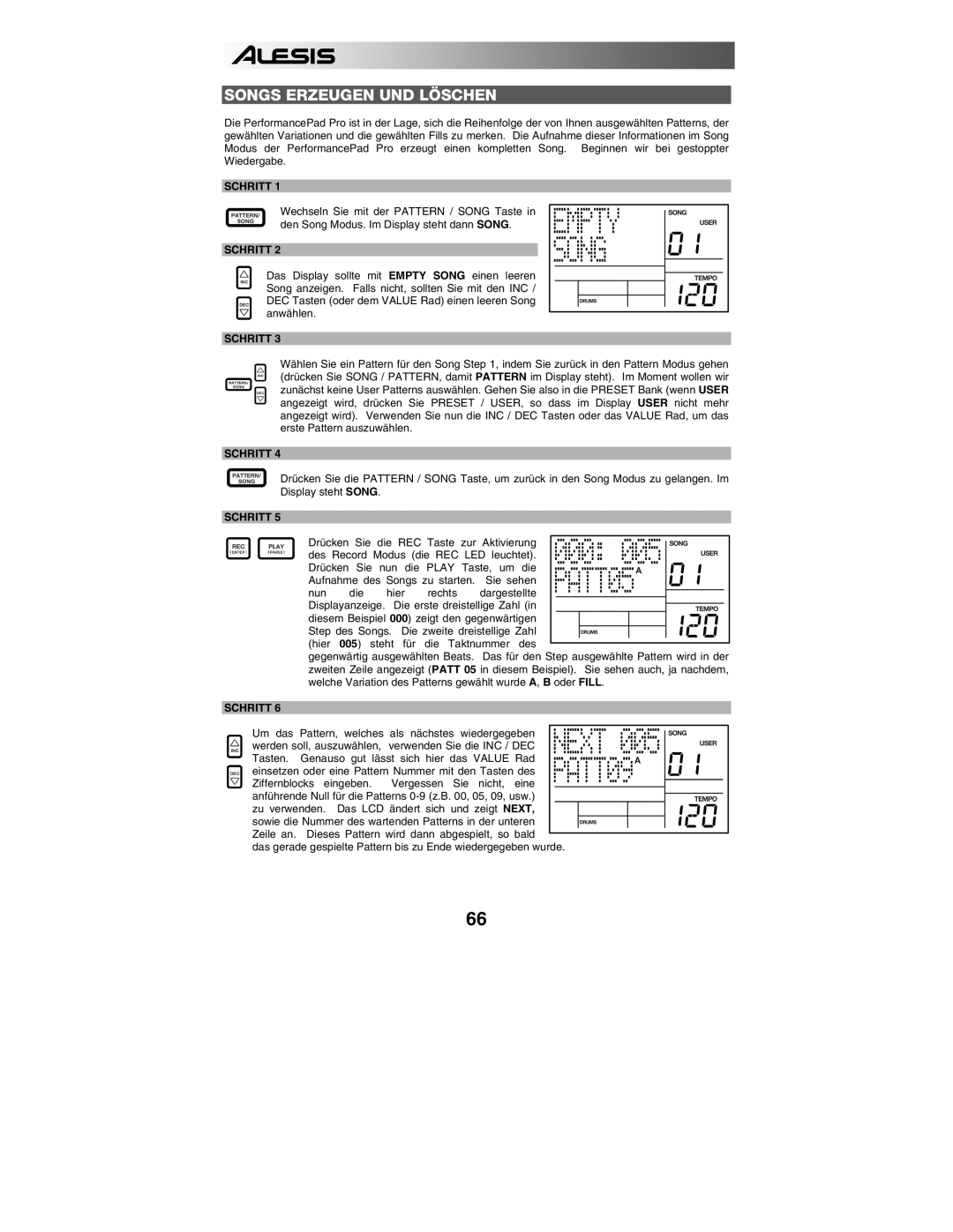 Alesis PERFORMANCE PAD PRO quick start Songs Erzeugen UND Löschen 