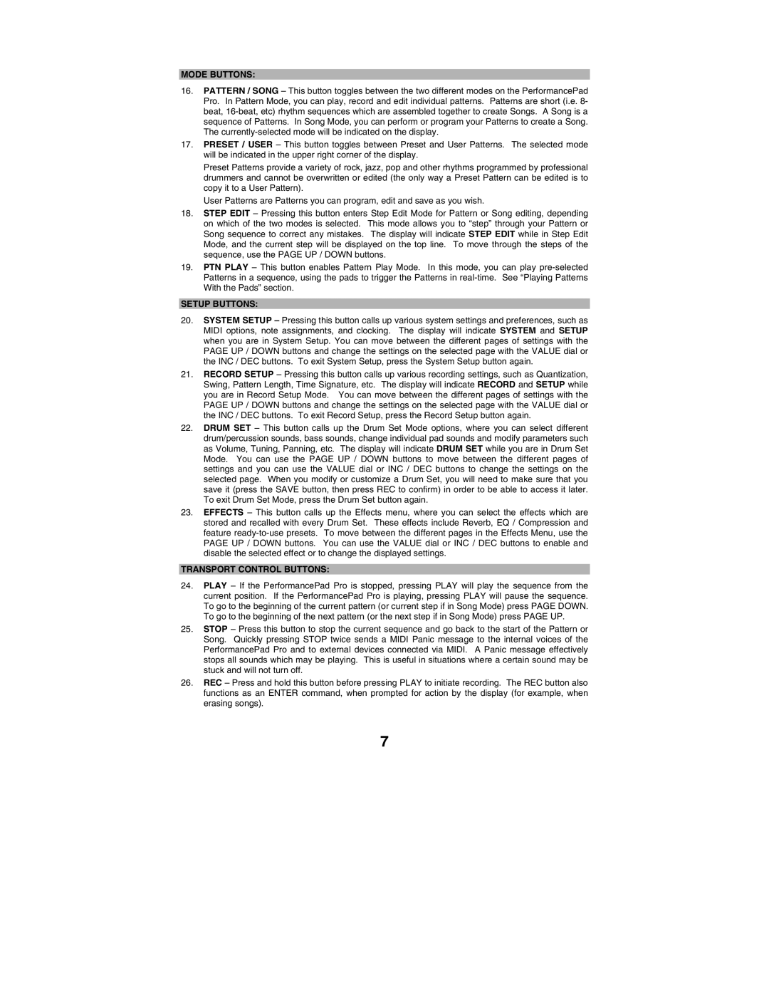 Alesis PERFORMANCE PAD PRO quick start Mode Buttons, Setup Buttons, Transport Control Buttons 