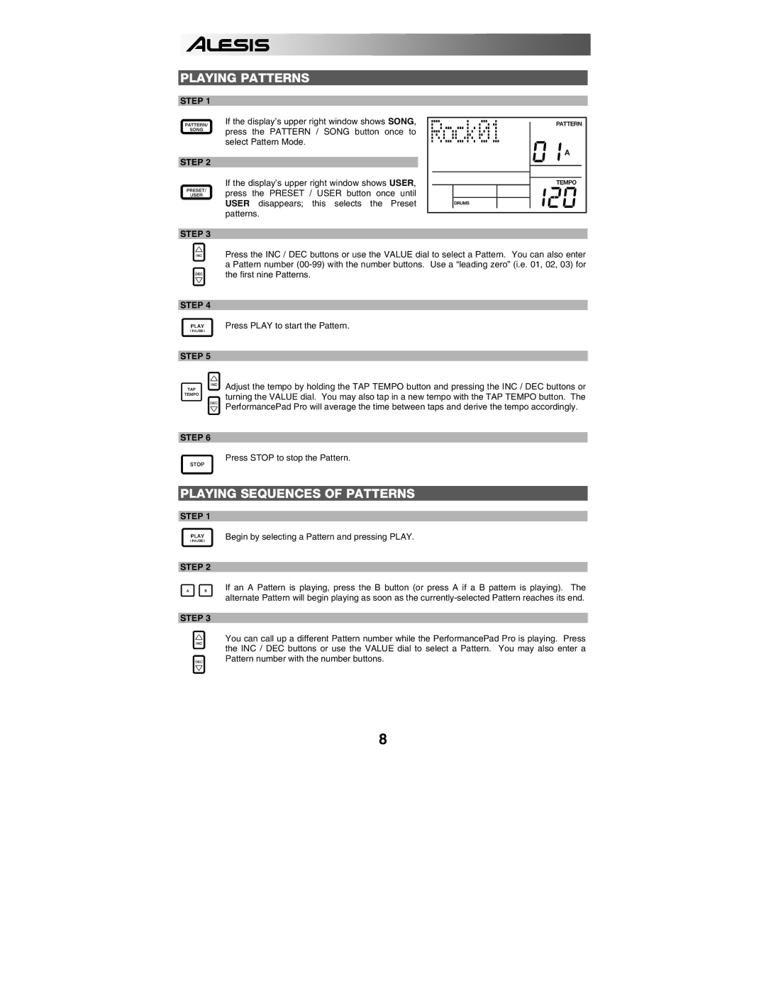 Alesis PERFORMANCE PAD PRO quick start Playing Patterns, Playing Sequences of Patterns, Step 