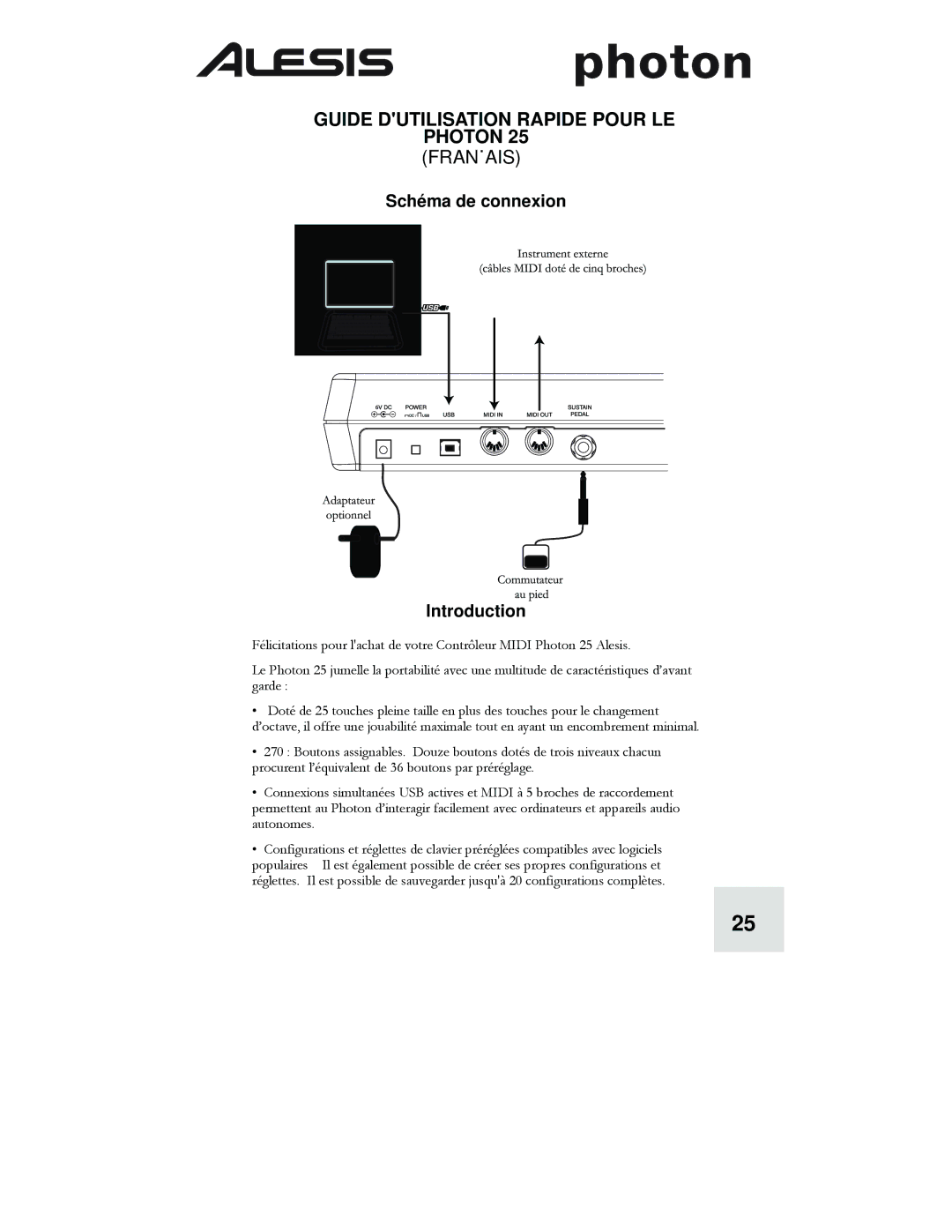 Alesis Photon 25 manuel dutilisation Français, Schéma de connexion Introduction 