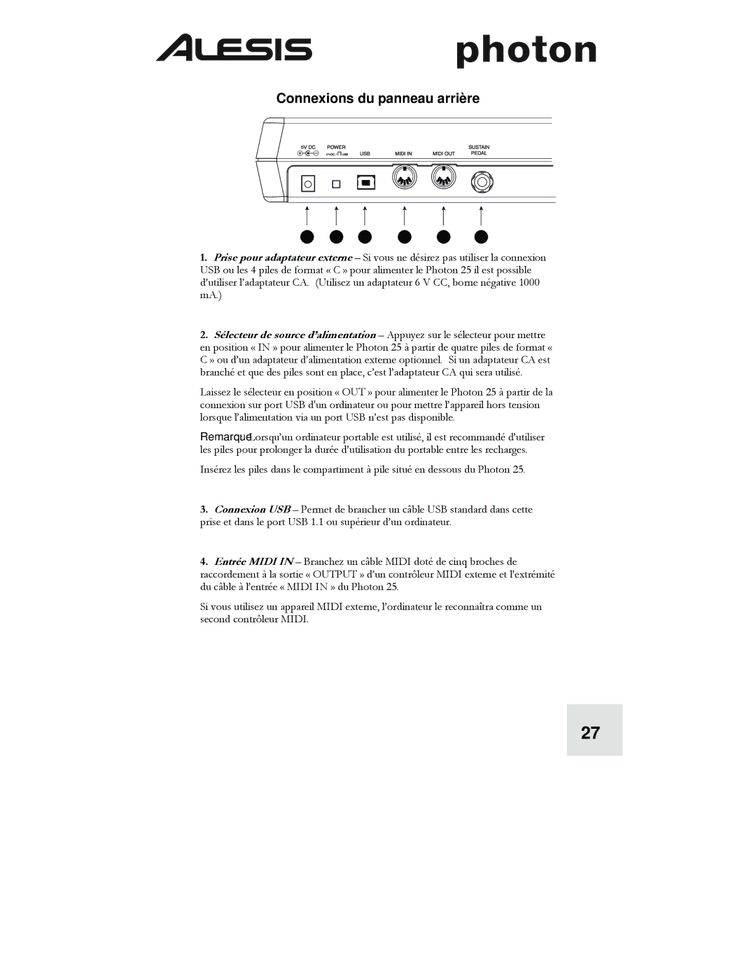 Alesis Photon 25 manuel dutilisation Connexions du panneau arrière 