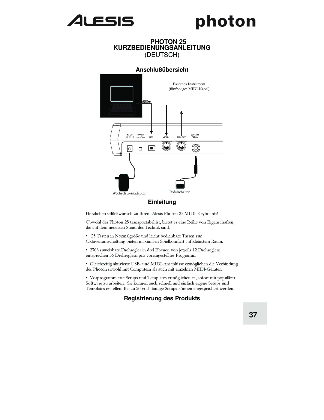 Alesis Photon 25 manuel dutilisation Anschlußübersicht Einleitung, Registrierung des Produkts 