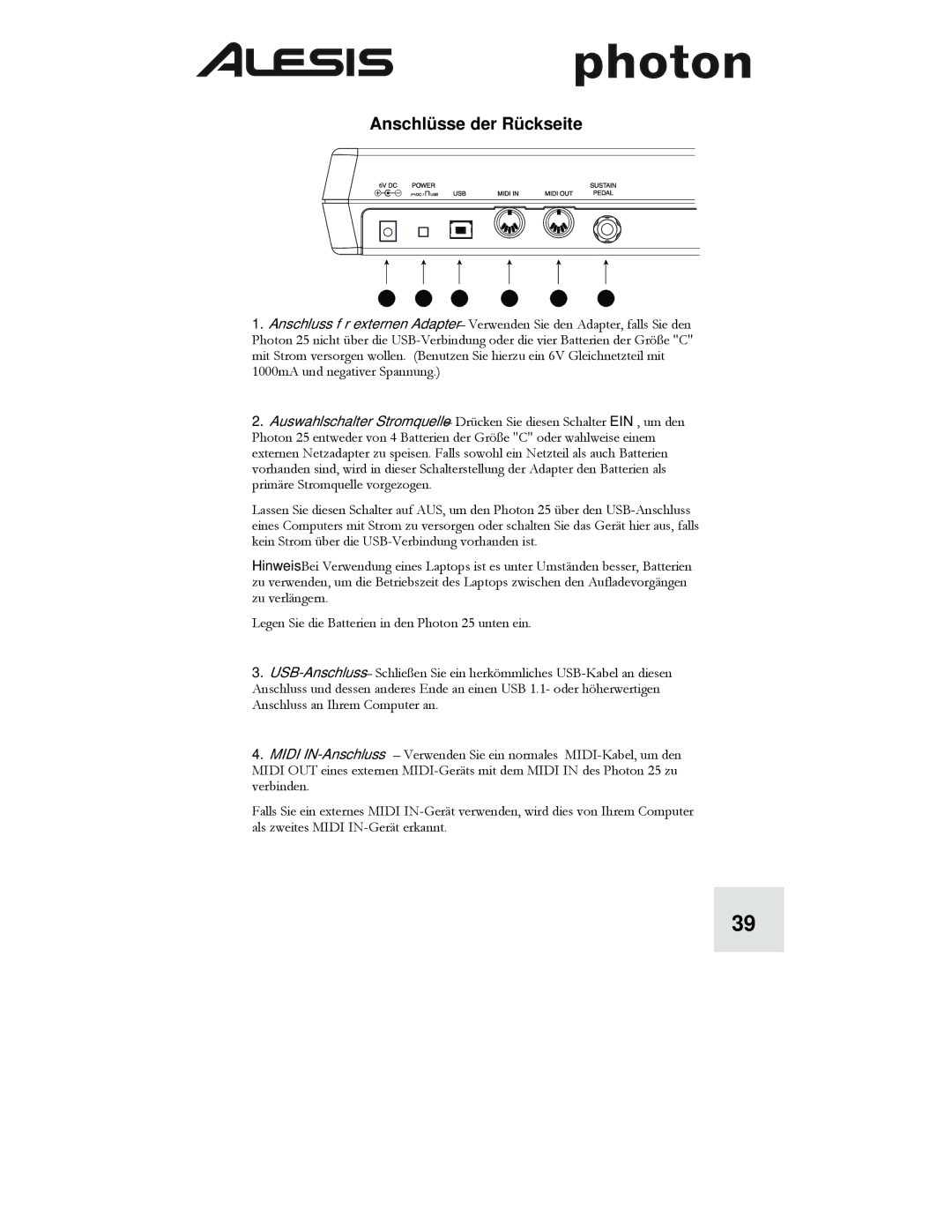 Alesis Photon 25 manuel dutilisation Anschlüsse der Rückseite 