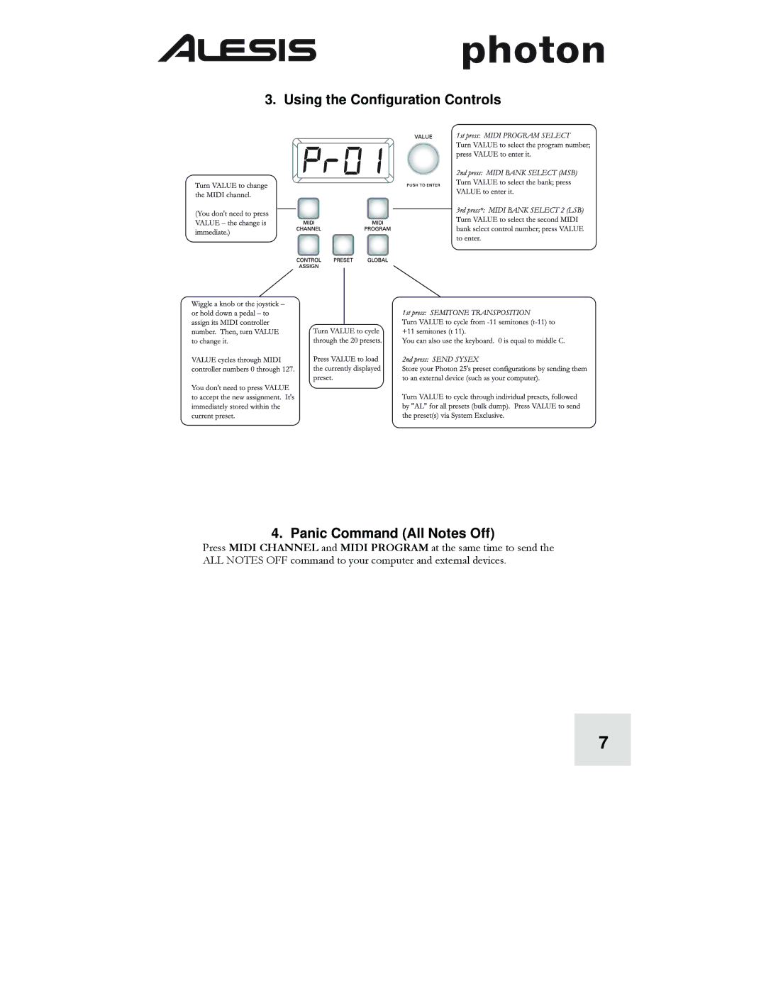 Alesis Photon 25 manuel dutilisation Using the Configuration Controls Panic Command All Notes Off 