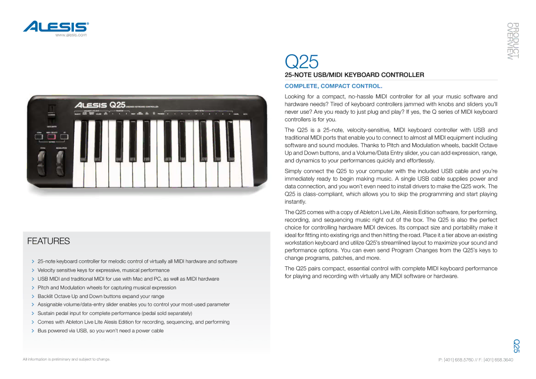 Alesis Q25 manual Features, Complete, Compact Control 