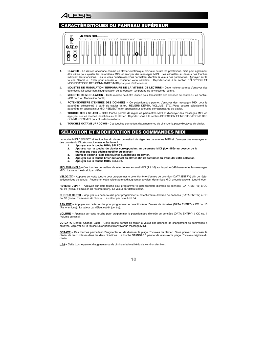 Alesis Q49 quick start Caractéristiques DU Panneau Supérieur, Sélection ET Modification DES Commandes Midi 