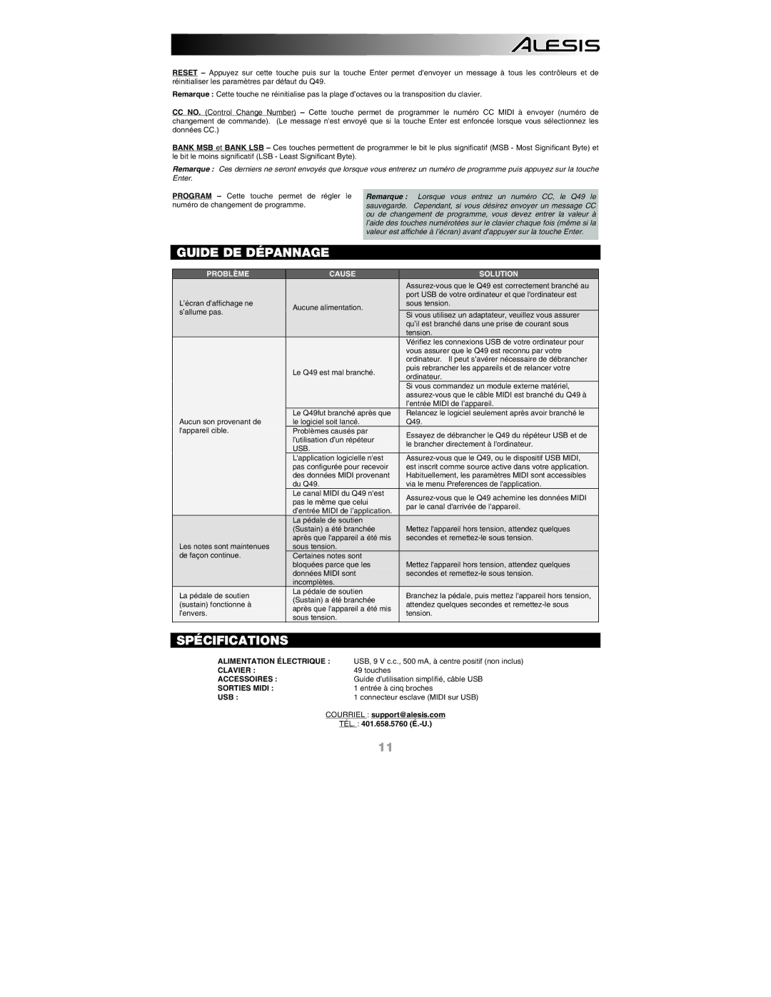 Alesis Q49 quick start Guide DE Dépannage, Spécifications, Problème Cause Solution 