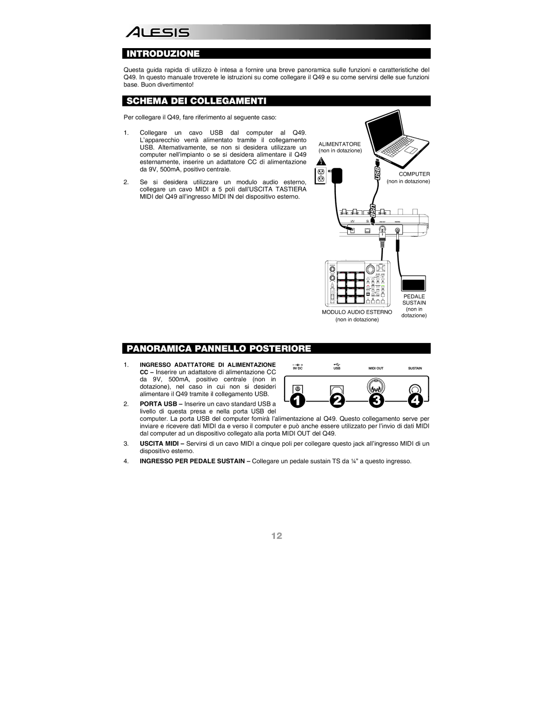 Alesis Q49 quick start Introduzione, Schema DEI Collegamenti, Panoramica Pannello Posteriore 