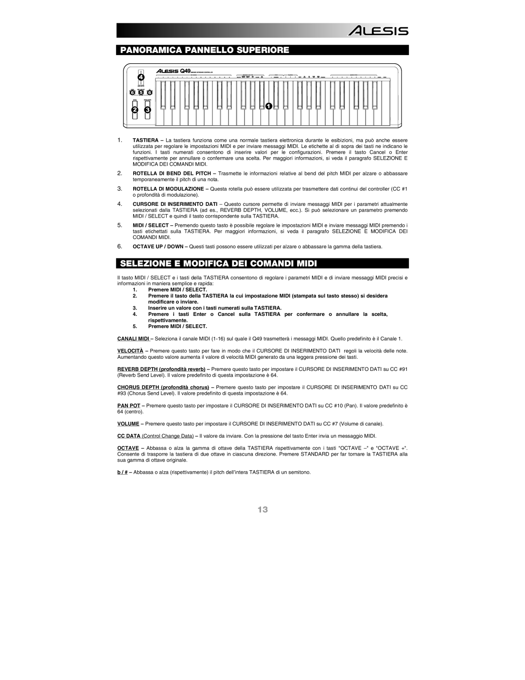 Alesis Q49 quick start Panoramica Pannello Superiore, Selezione E Modifica DEI Comandi Midi 