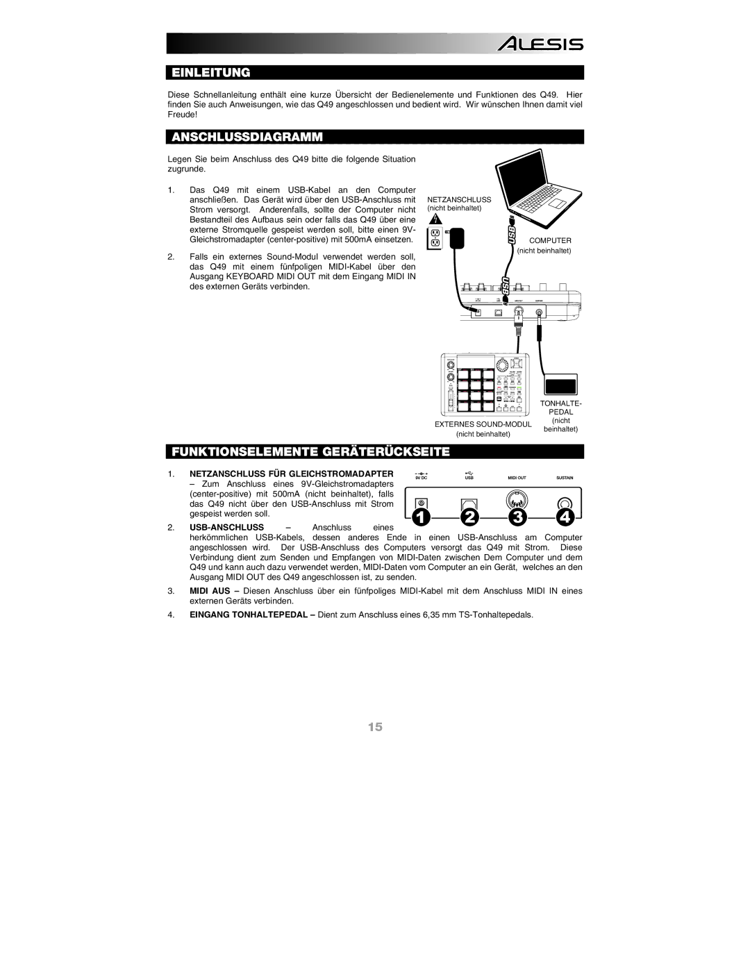 Alesis Q49 quick start Einleitung, Anschlussdiagramm, Funktionselemente Geräterückseite 