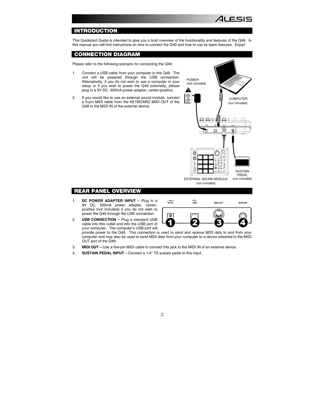 Alesis Q49 quick start Introduction, Connection Diagram, Rear Panel Overview 