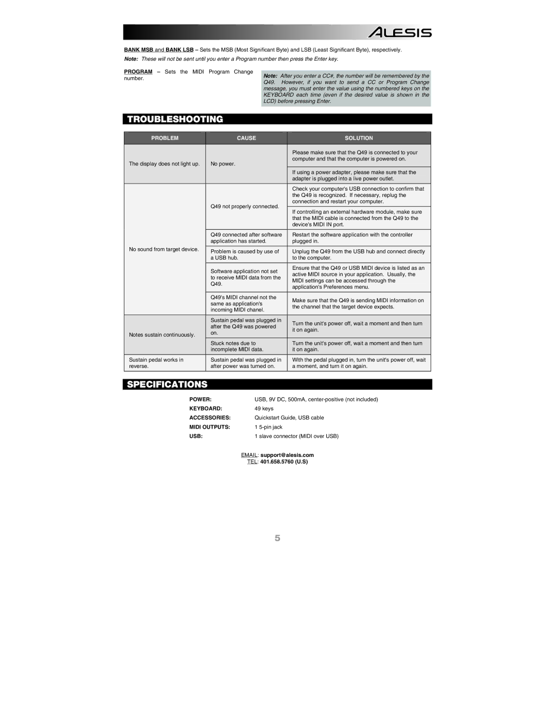 Alesis Q49 quick start Troubleshooting, Specifications, Problem Cause Solution 