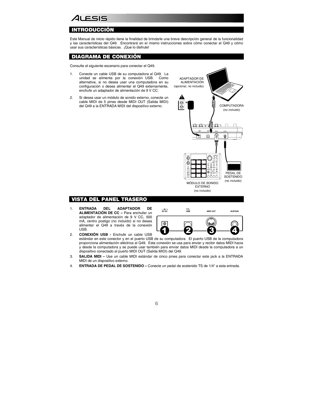 Alesis Q49 quick start Introducción, Diagrama DE Conexión, Vista DEL Panel Trasero 