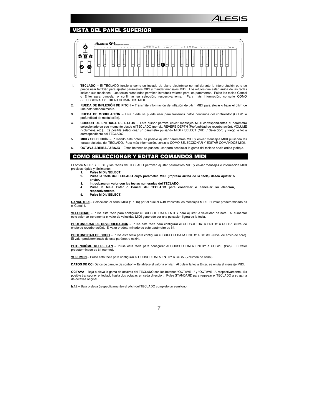 Alesis Q49 quick start Vista DEL Panel Superior, Como Seleccionar Y Editar Comandos Midi 