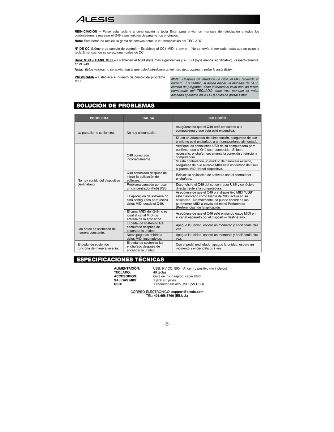 Alesis Q49 quick start Solución DE Problemas, Especificaciones Técnicas, Problema Causa Solución 