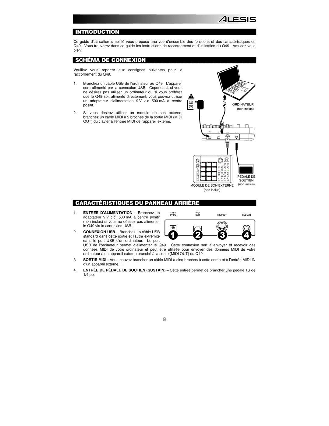 Alesis Q49 quick start Schéma DE Connexion, Caractéristiques DU Panneau Arrière 