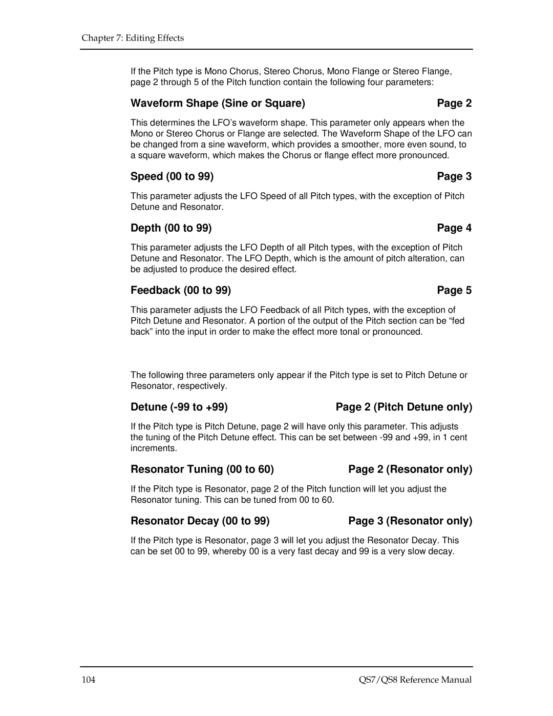 Alesis QS7, QS8 manual Waveform Shape Sine or Square, Depth 00 to, Feedback 00 to, Detune -99 to +99 2 Pitch Detune only 