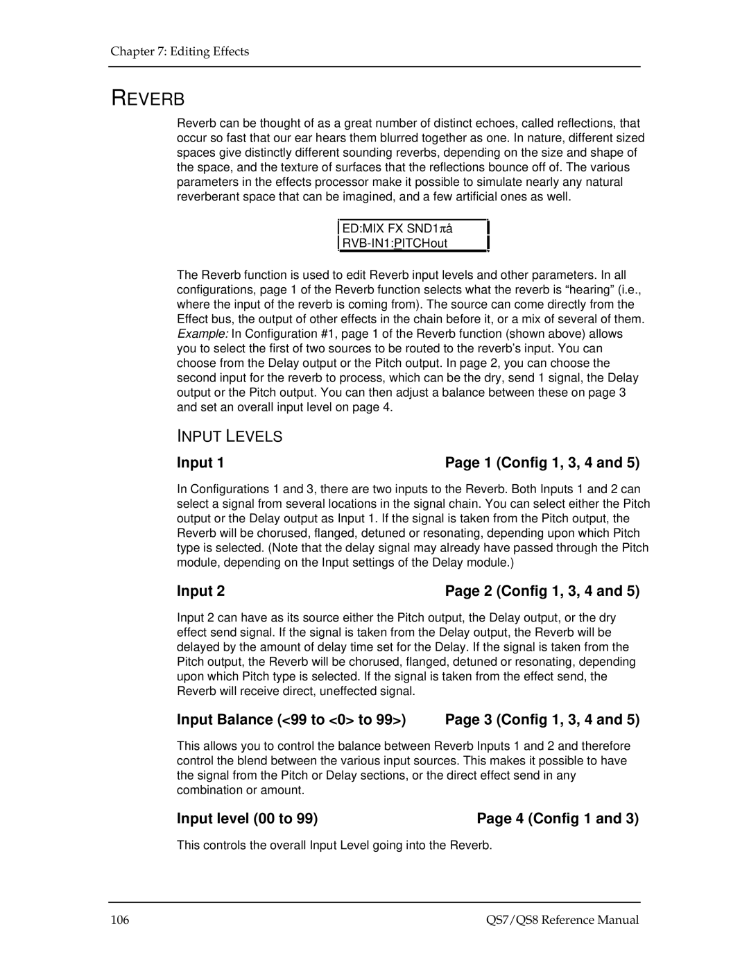 Alesis QS7, QS8 manual Reverb, Input 1 Config 1, 3, 4, Input 2 Config 1, 3, 4, Input Balance 99 to 0 to 3 Config 1, 3, 4 
