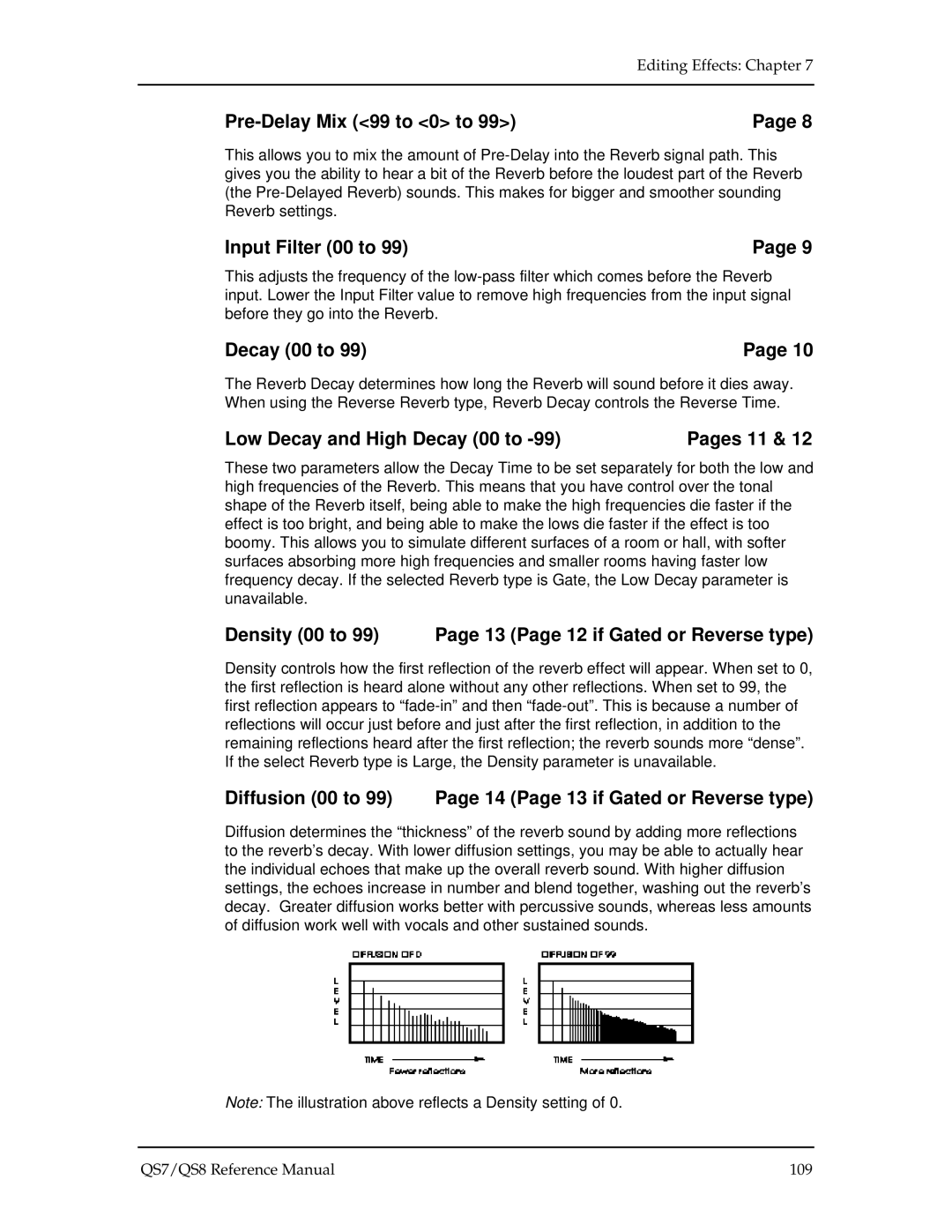 Alesis QS8, QS7 manual Pre-Delay Mix 99 to 0 to, Input Filter 00 to, Low Decay and High Decay 00 to 