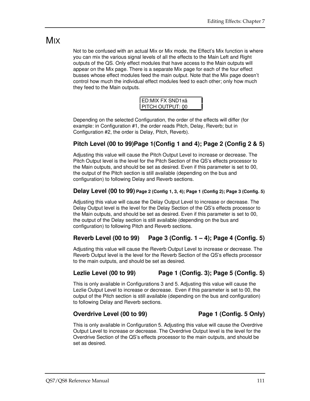 Alesis QS8, QS7 Mix, Pitch Level 00 to 99Page 1Config 1 and 4 Page 2 Config 2, Lezlie Level 00 to 1 Config Page 5 Config 