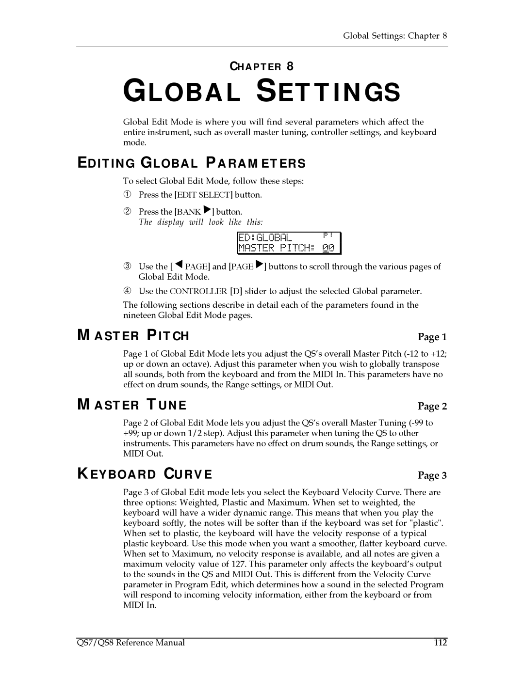 Alesis QS7, QS8 manual Editing Global Parameters, Master Pitch, Master Tune, Keyboard Curve 