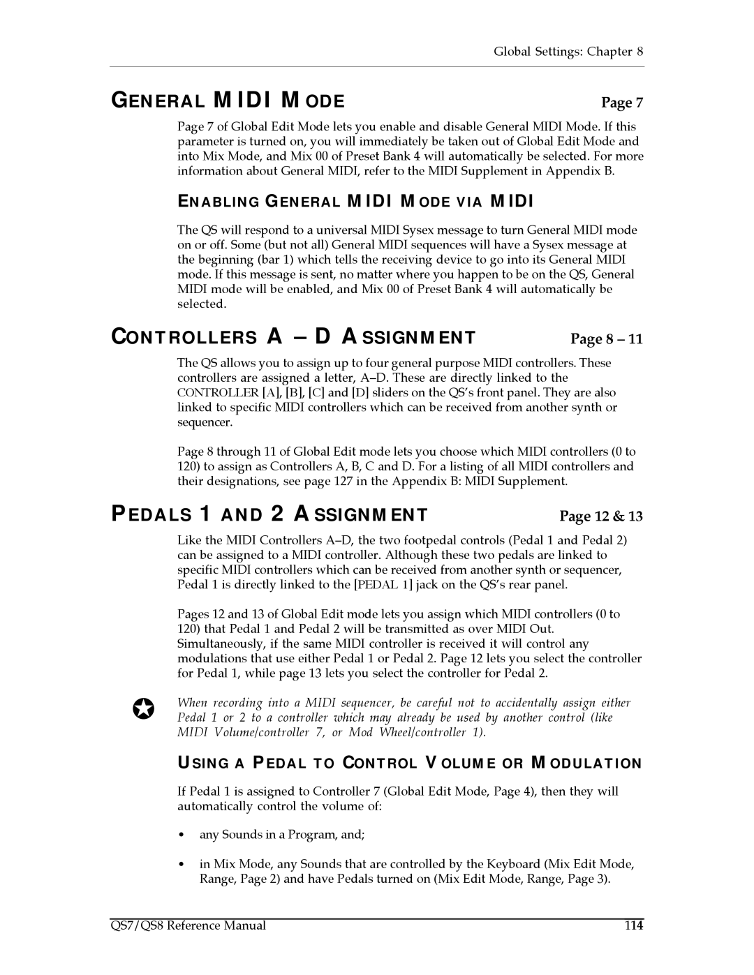 Alesis QS7, QS8 manual General Midi Mode, Controllers a D Assignment, Pedals 1 and 2 Assignment 