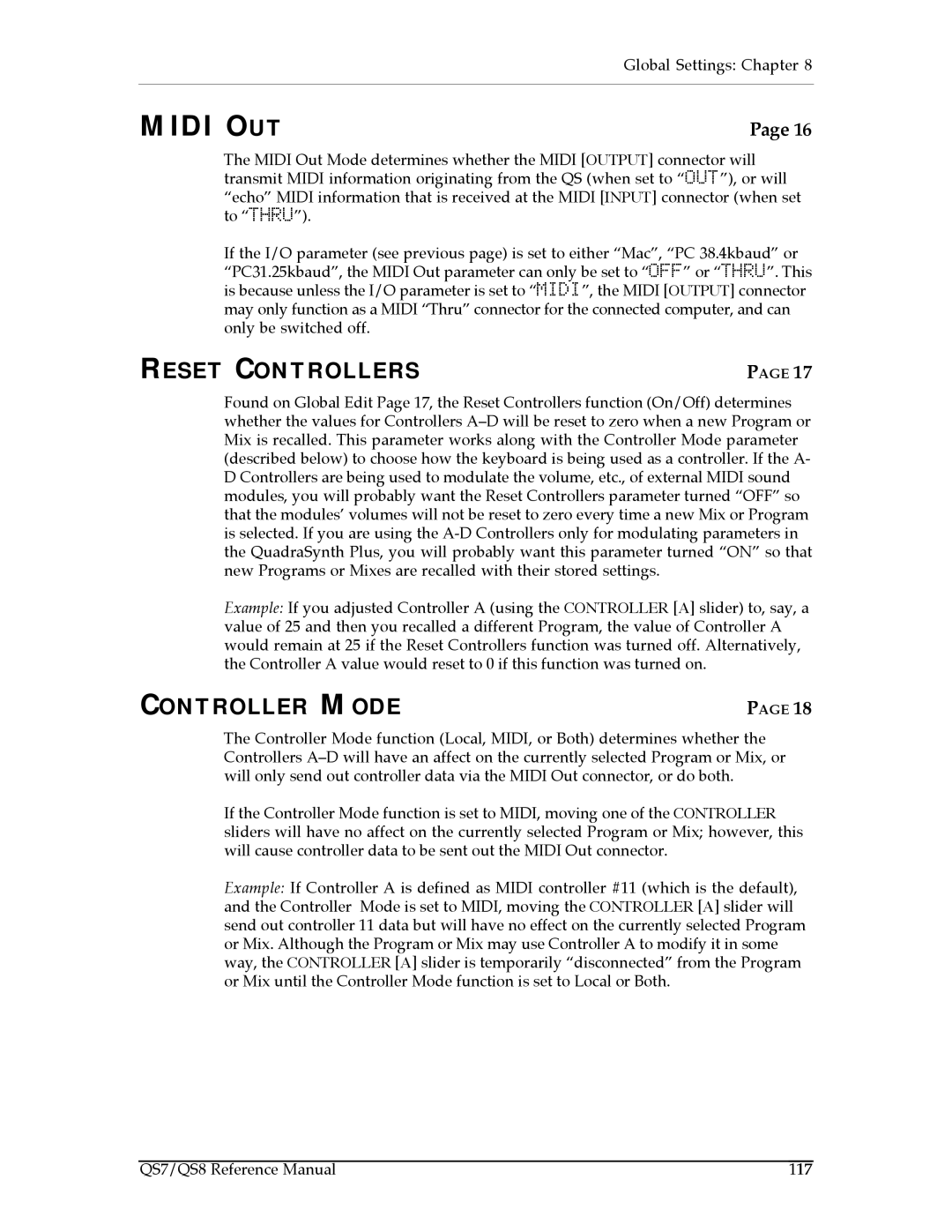 Alesis QS8, QS7 manual Reset Controllers, Controller Mode 