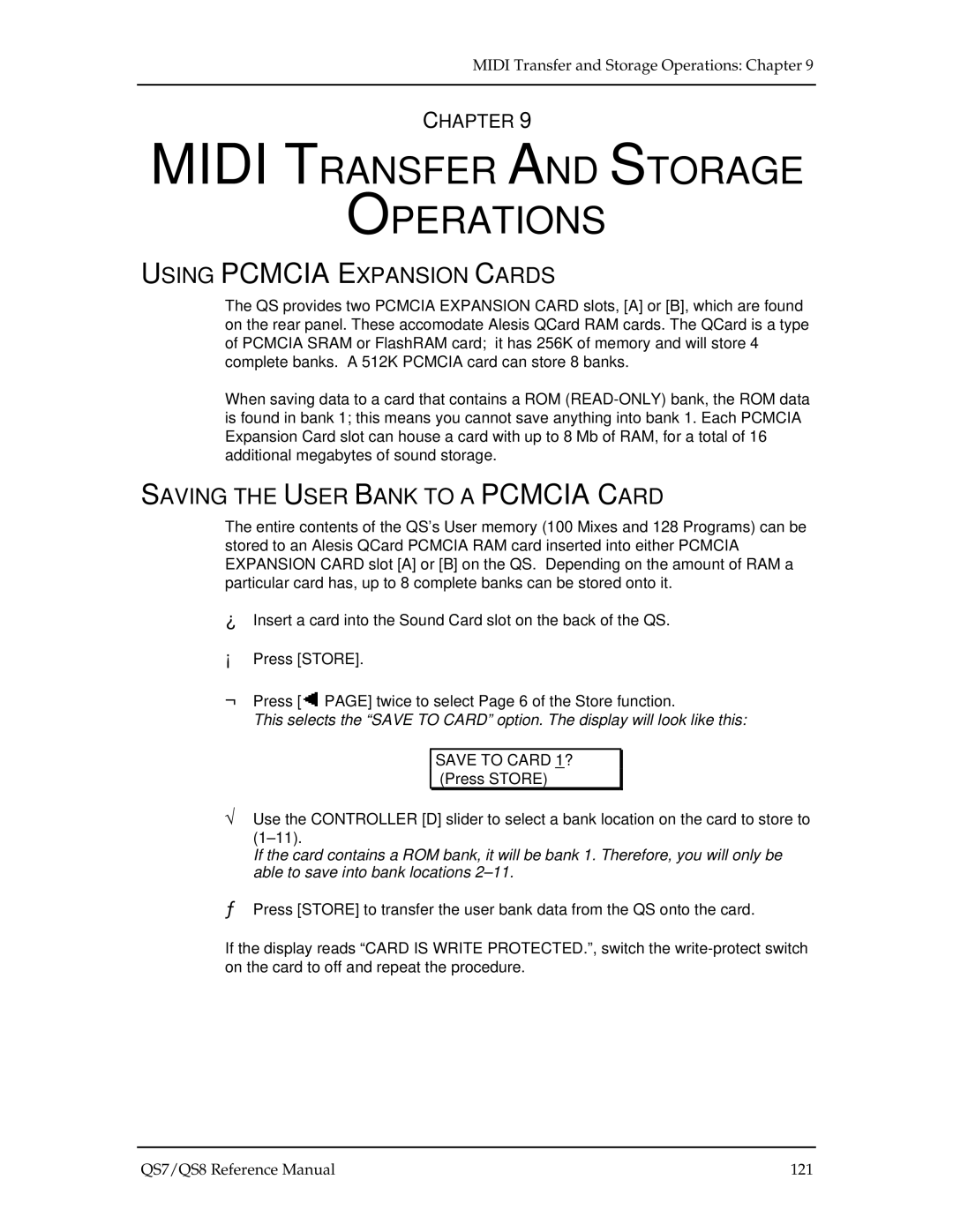 Alesis QS7, QS8 Midi Transfer and Storage Operations, Using Pcmcia Expansion Cards, Saving the User Bank to a Pcmcia Card 