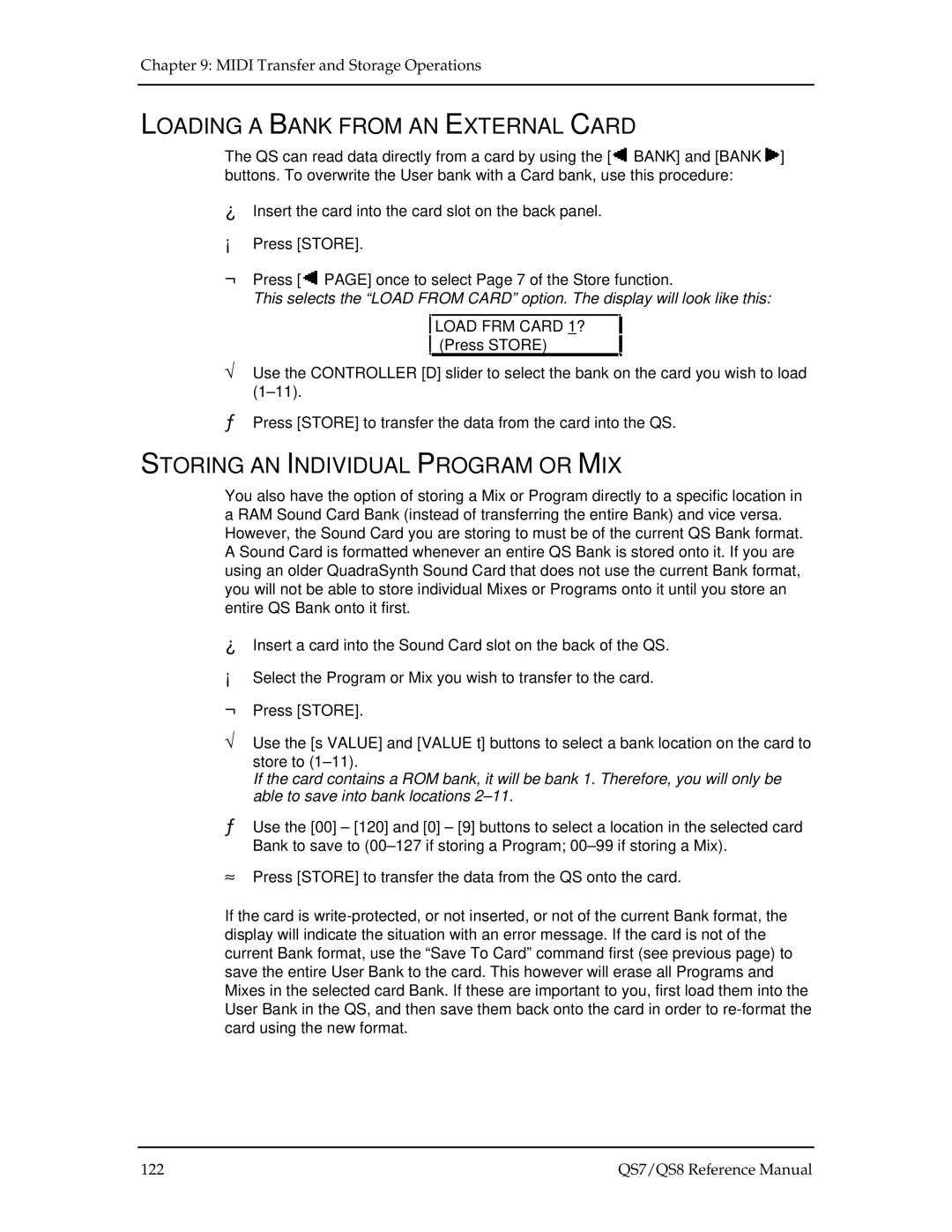 Alesis QS8, QS7 manual Loading a Bank from AN External Card, Storing AN Individual Program or MIX 