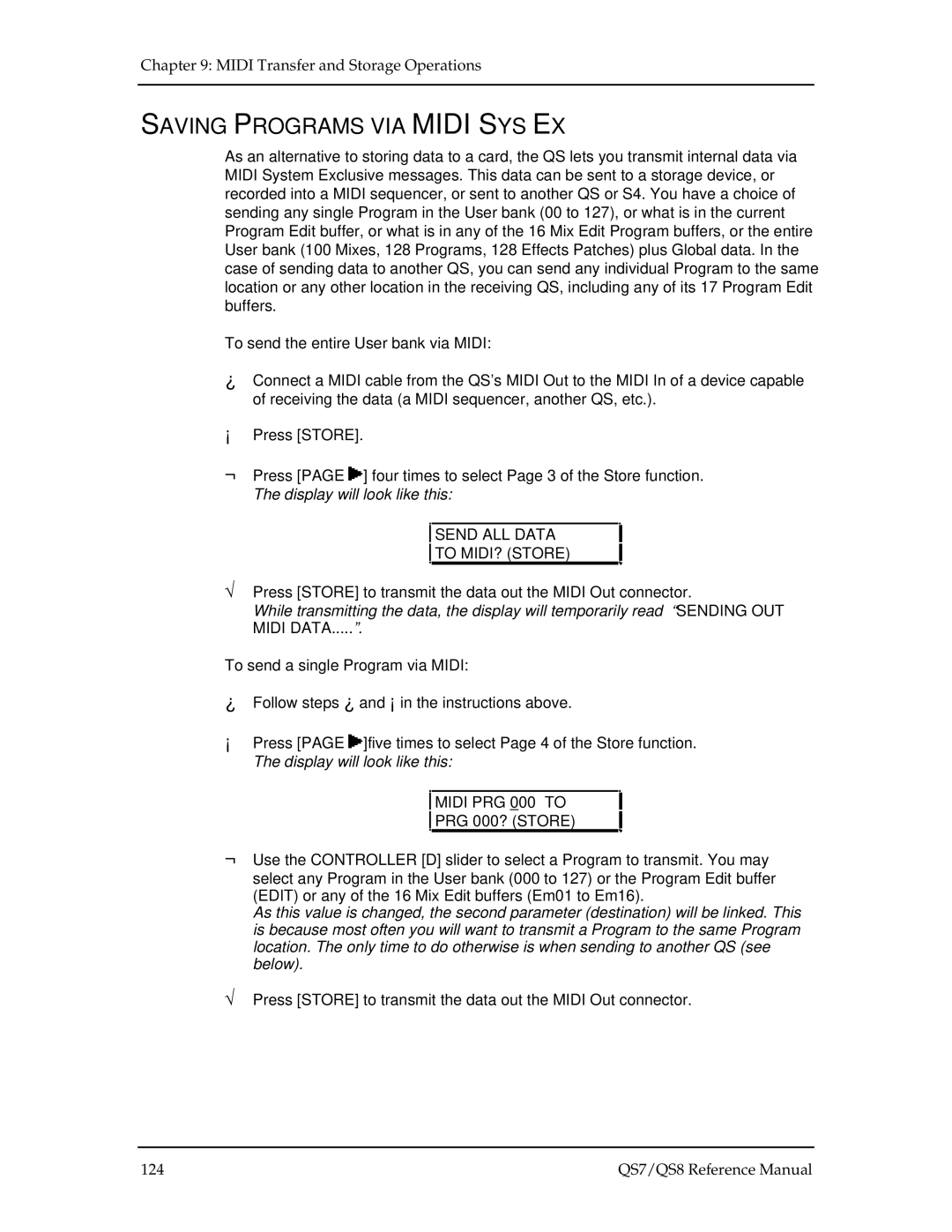 Alesis QS8, QS7 manual Saving Programs VIA Midi SYS EX, Send ALL Data To MIDI? Store, Midi PRG 000 to 