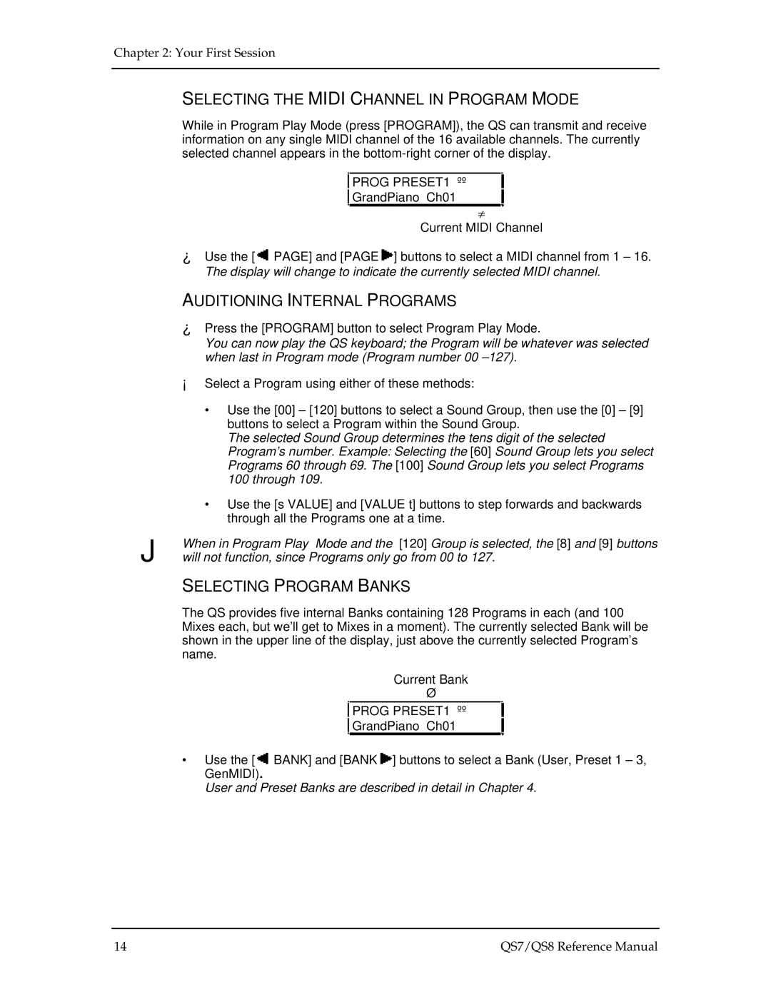 Alesis QS7, QS8 manual Selecting the Midi Channel in Program Mode, Auditioning Internal Programs, Selecting Program Banks 