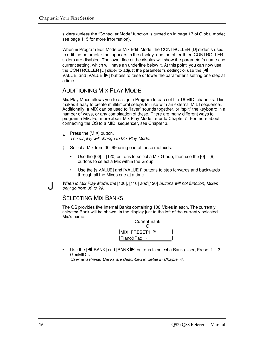 Alesis QS7, QS8 manual Auditioning MIX Play Mode, Selecting MIX Banks 