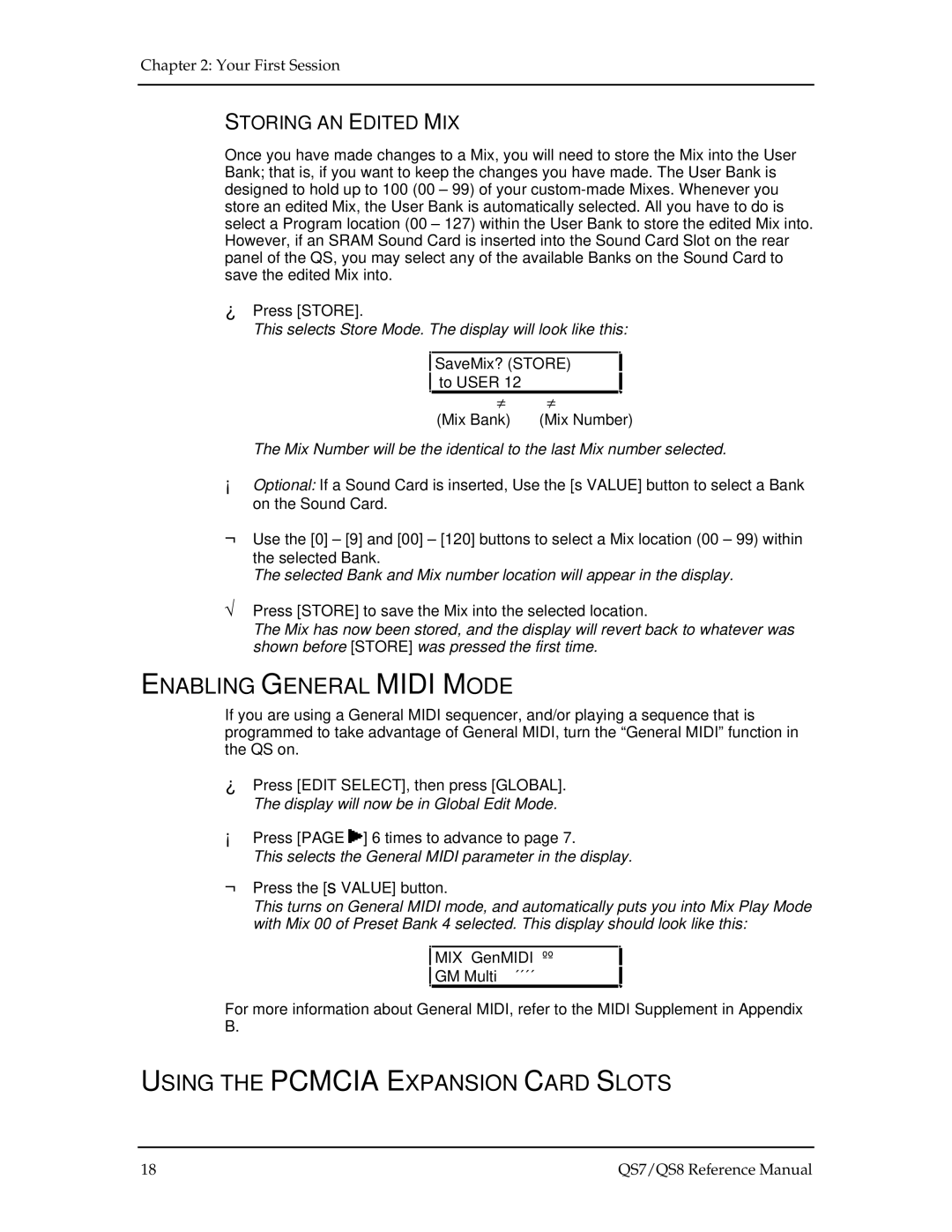 Alesis QS7, QS8 manual Enabling General Midi Mode, Using the Pcmcia Expansion Card Slots, Storing AN Edited MIX 