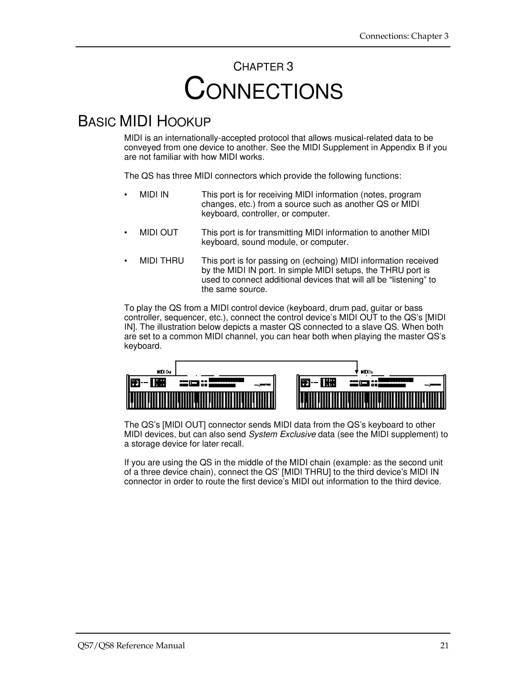 Alesis QS8, QS7 manual Connections, Basic Midi Hookup, Midi OUT, Midi Thru 