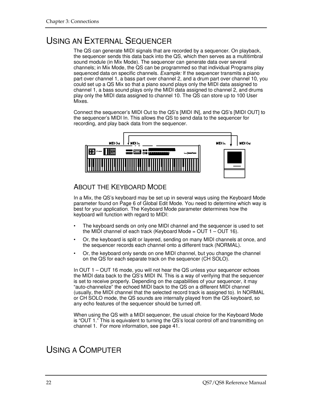 Alesis QS7, QS8 manual Using AN External Sequencer, Using a Computer, About the Keyboard Mode 