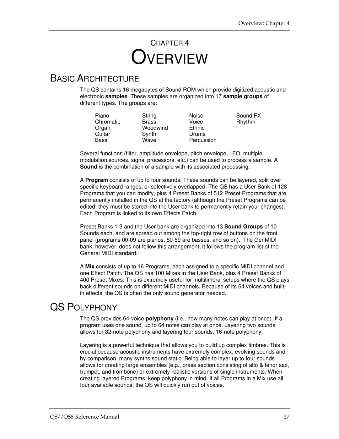 Alesis QS8, QS7 manual Overview, Basic Architecture, QS Polyphony 