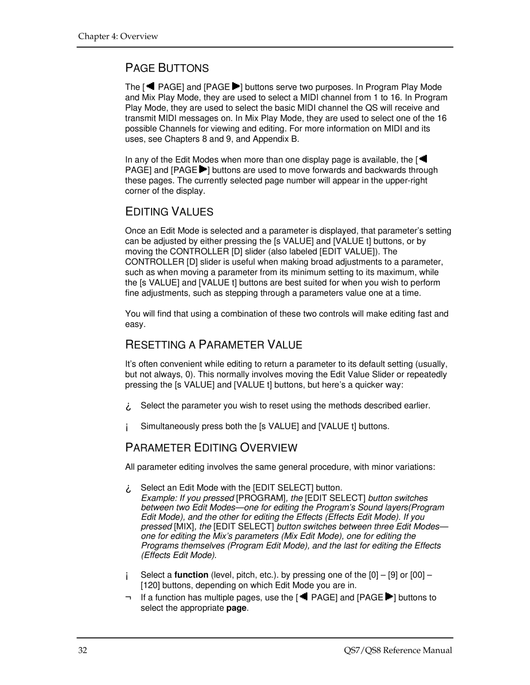 Alesis QS7, QS8 manual Buttons, Editing Values, Resetting a Parameter Value, Parameter Editing Overview 