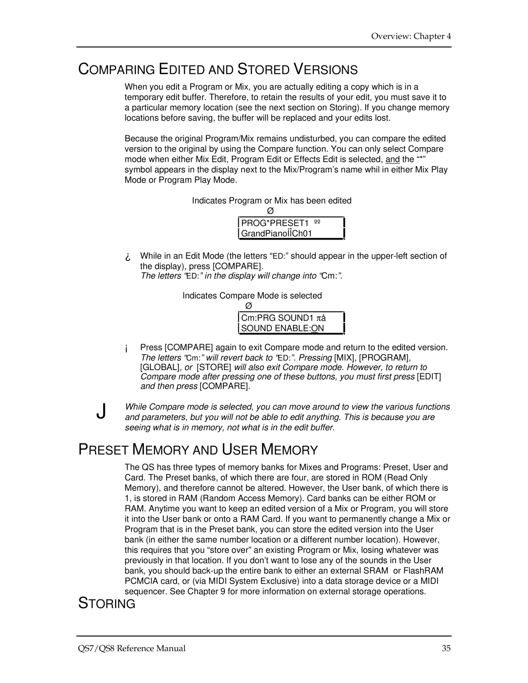 Alesis QS8, QS7 manual Comparing Edited and Stored Versions, Preset Memory and User Memory, Storing 