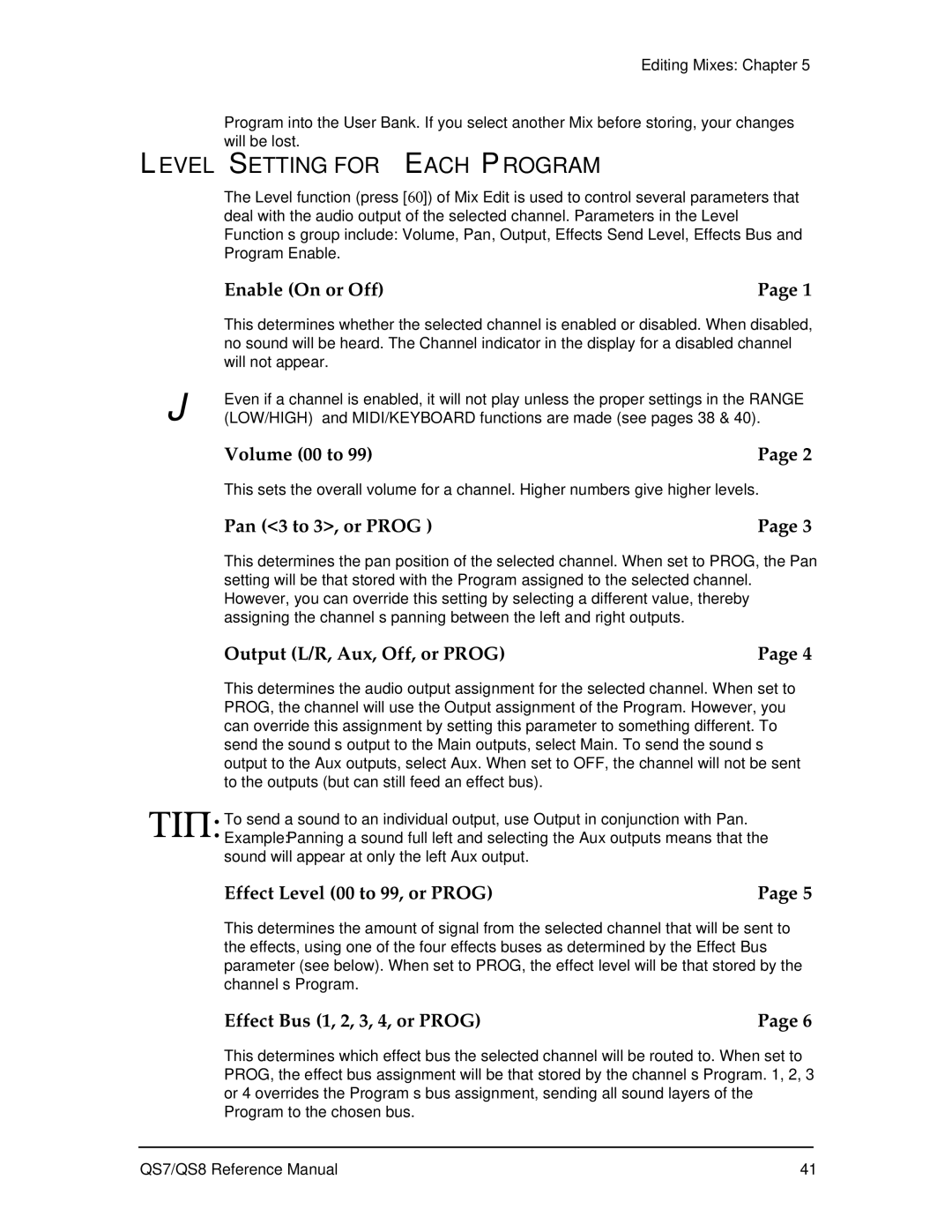 Alesis QS7, QS8 manual Level Setting for Each Program, Enable On or Off 