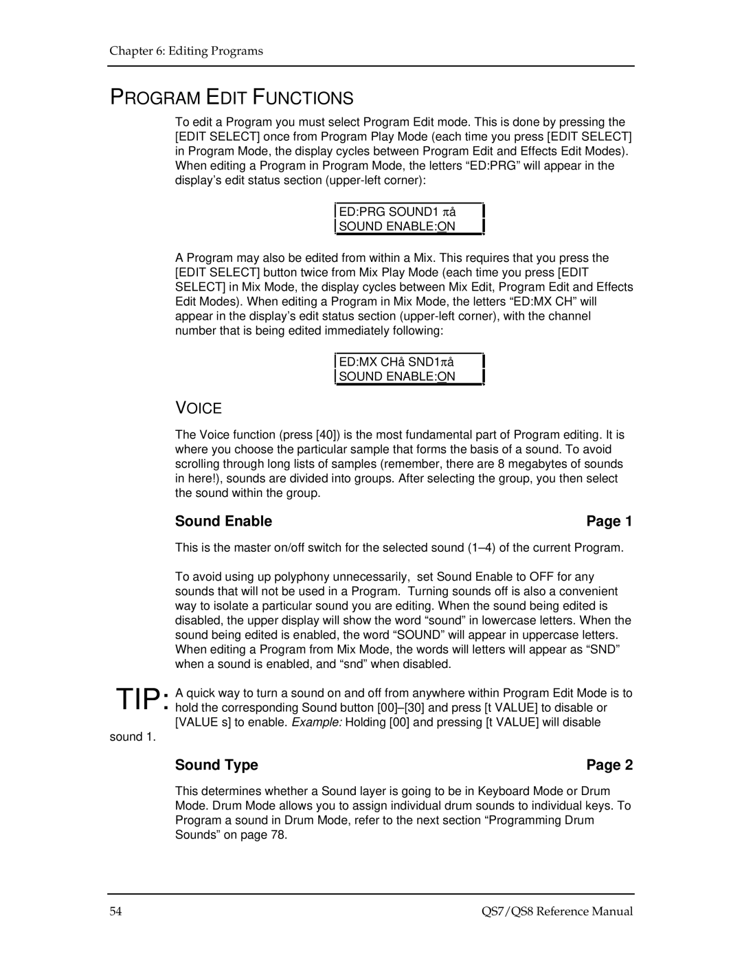 Alesis QS7, QS8 manual Tip, Program Edit Functions, Sound Type, Sound Enableon 