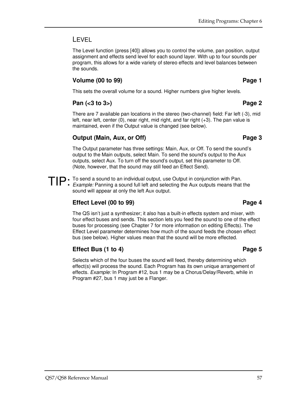 Alesis QS8, QS7 manual Volume 00 to, Pan 3 to, Output Main, Aux, or Off, Effect Level 00 to, Effect Bus 1 to 