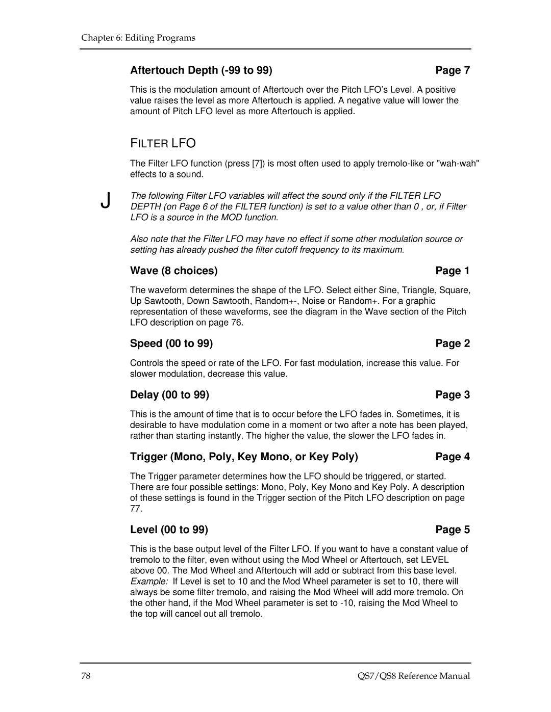 Alesis QS7, QS8 manual Aftertouch Depth -99 to, Filter LFO, Wave 8 choices 