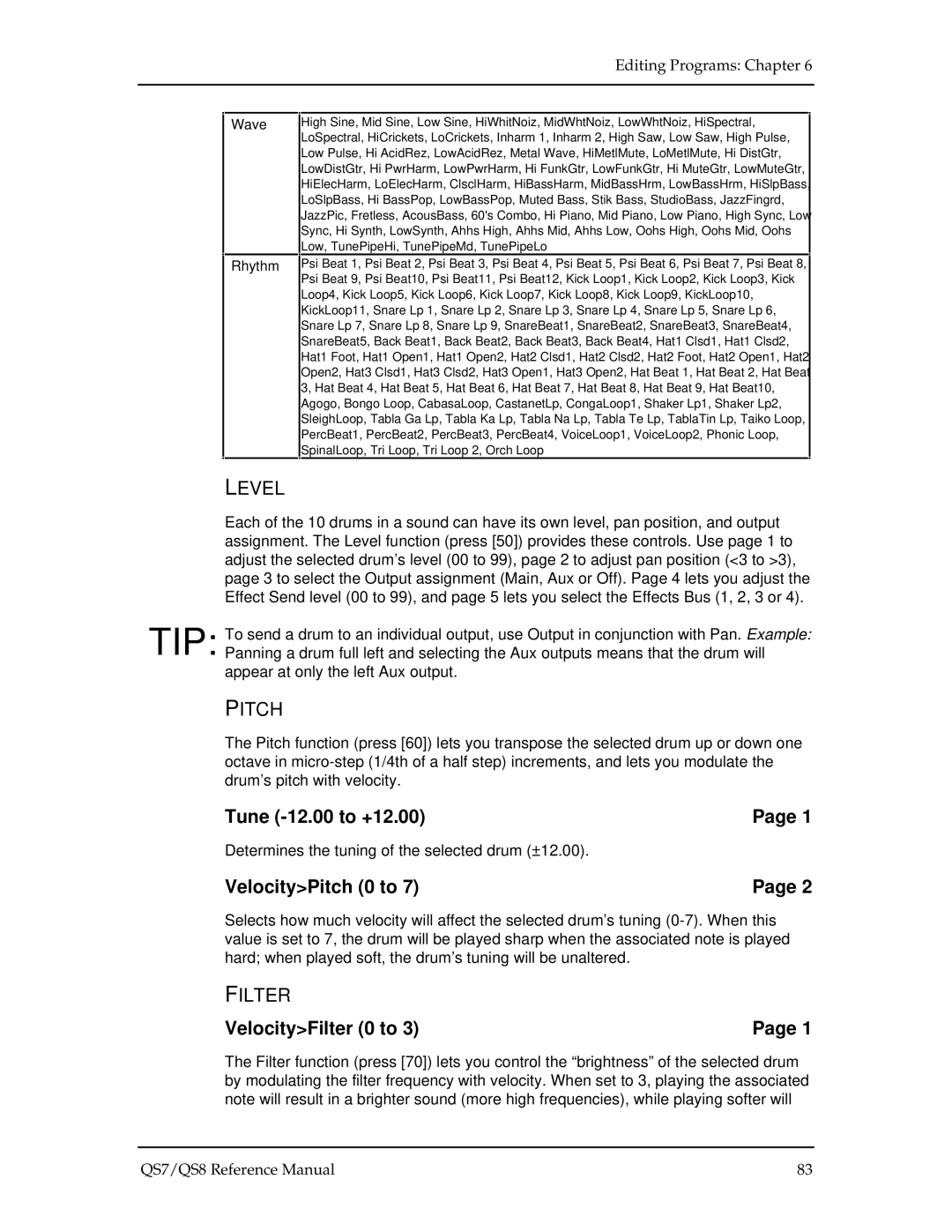 Alesis QS8, QS7 manual Tune -12.00 to +12.00, VelocityPitch 0 to, VelocityFilter 0 to 