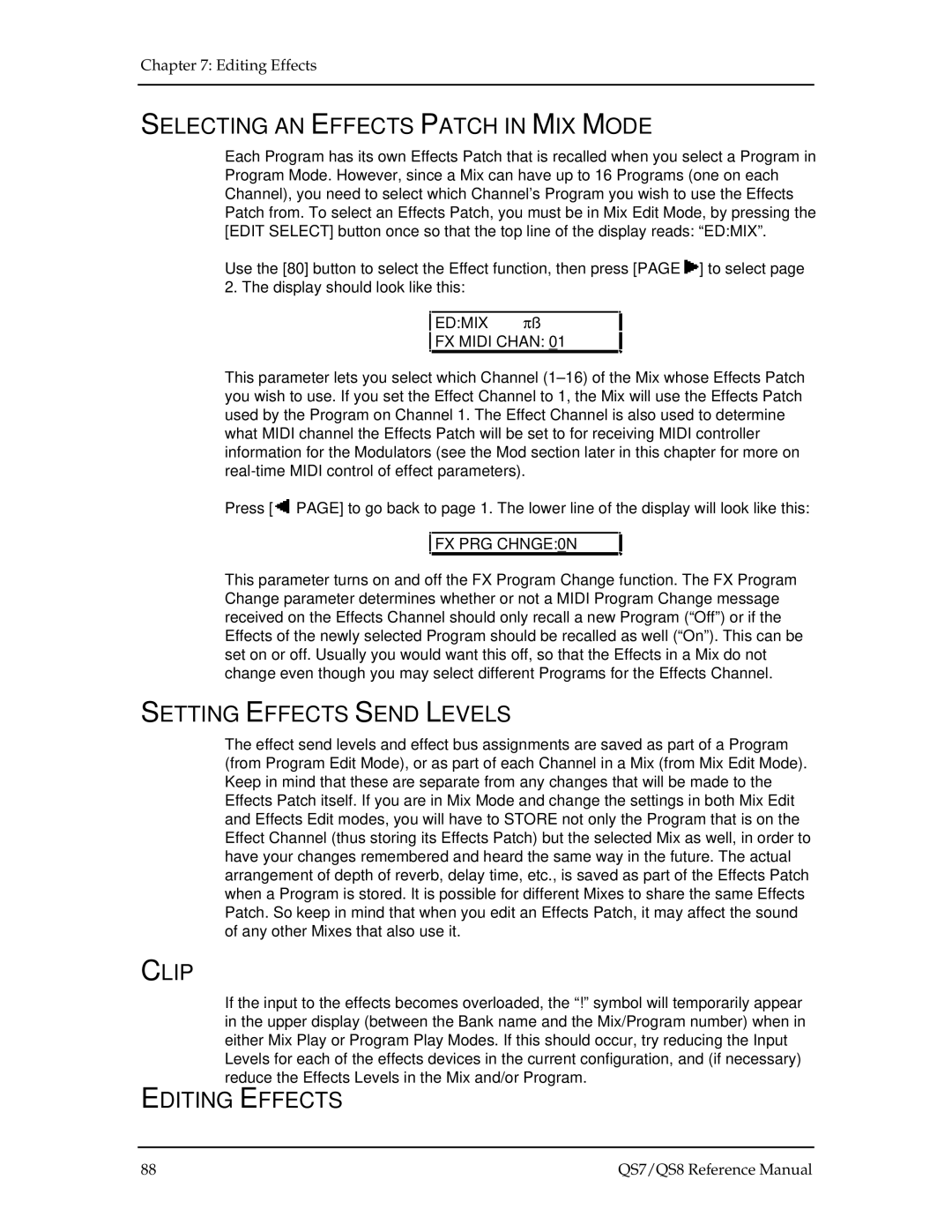 Alesis QS7, QS8 manual Selecting AN Effects Patch in MIX Mode, Setting Effects Send Levels, Clip, Editing Effects 