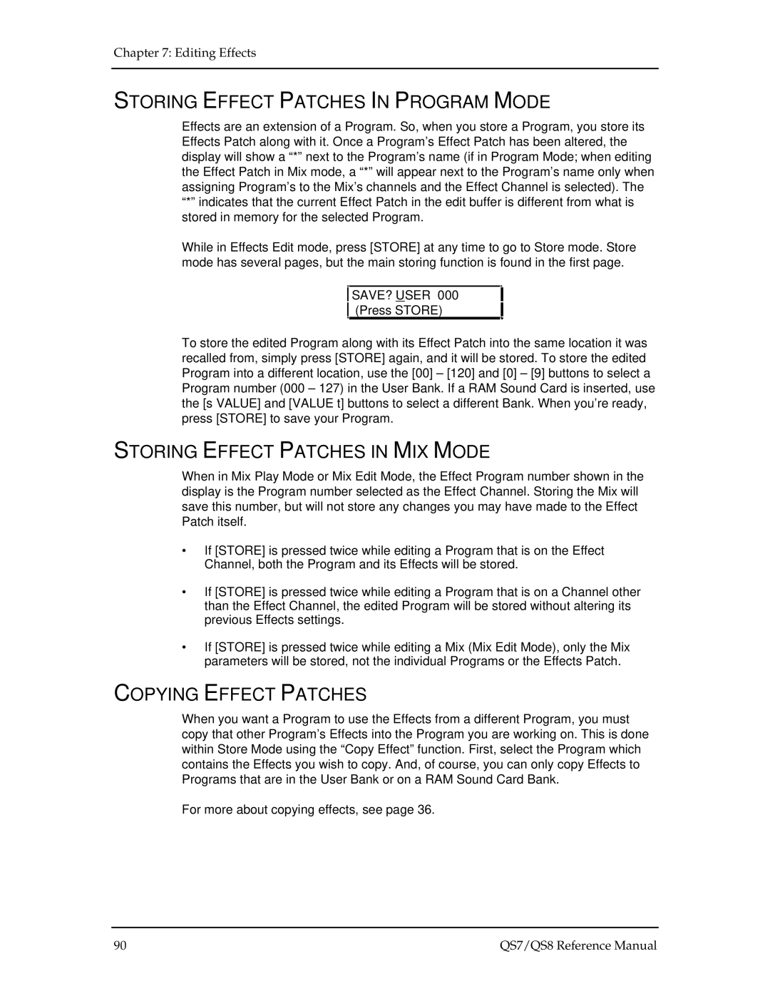 Alesis QS7, QS8 manual Storing Effect Patches in Program Mode, Storing Effect Patches in MIX Mode, Copying Effect Patches 
