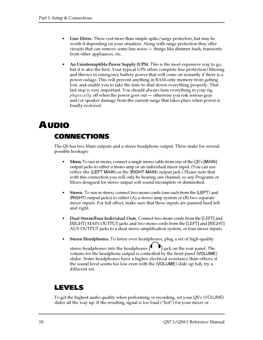 Alesis QS8.1, QS7.1 manual Udio, Connections, Levels 