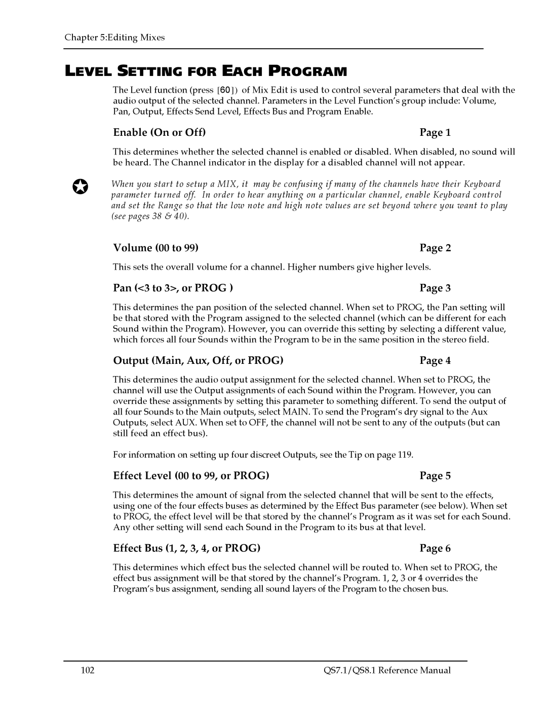 Alesis QS8.1, QS7.1 manual Level Setting for Each Program 