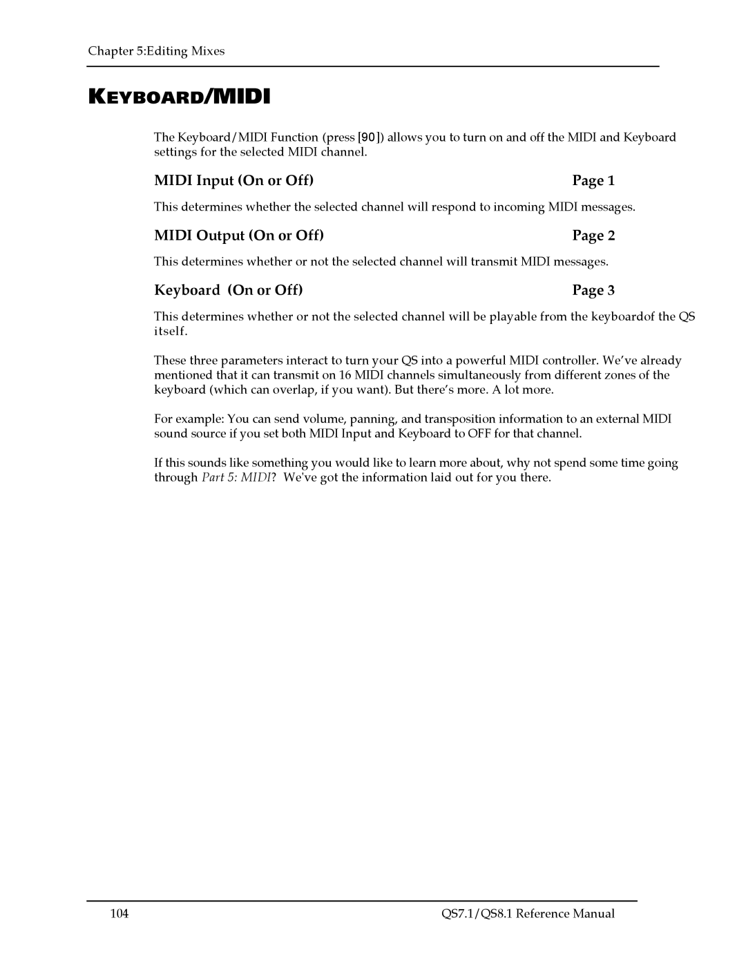 Alesis QS8.1, QS7.1 manual Keyboard/Midi, Midi Input On or Off, Midi Output On or Off, Keyboard On or Off 