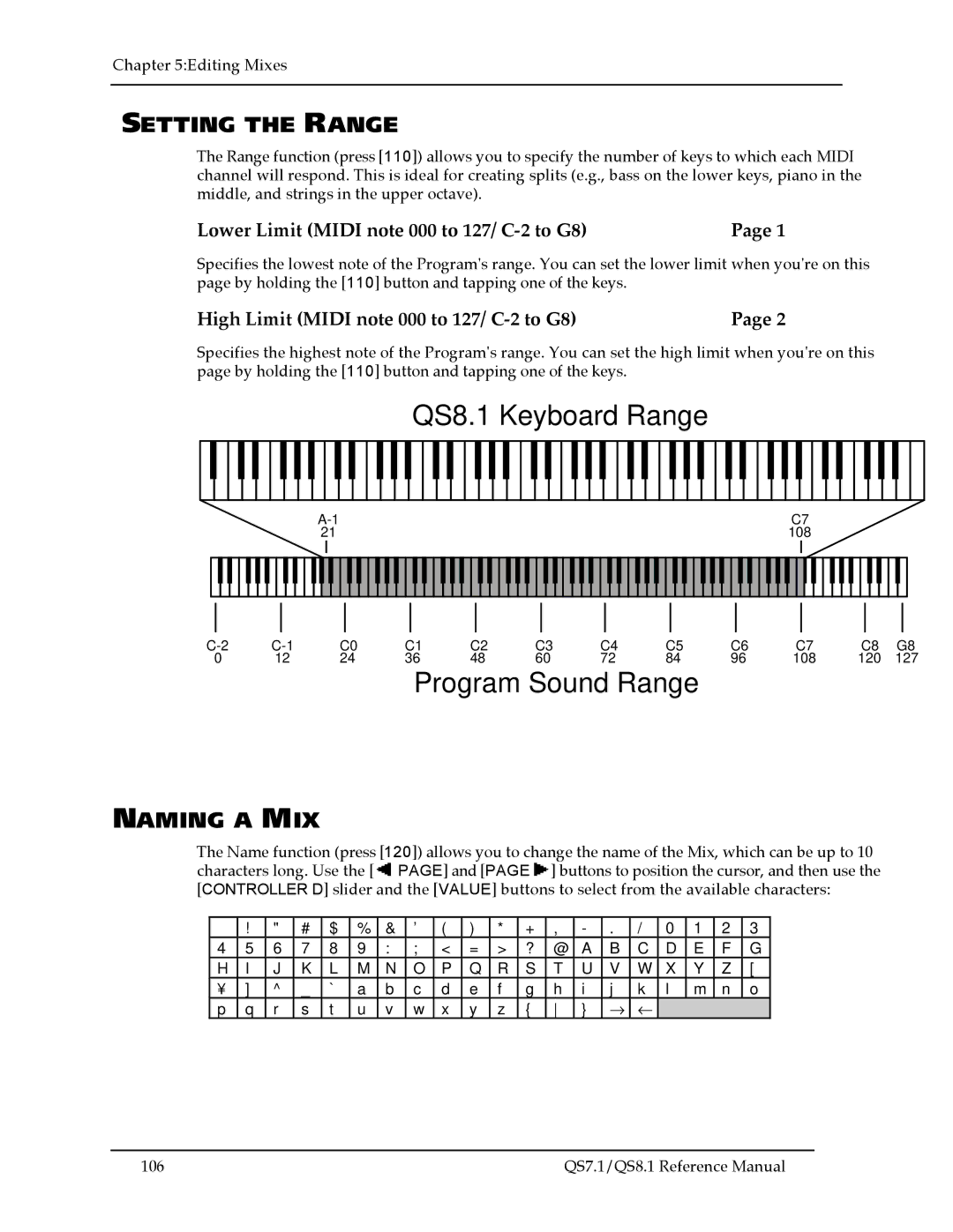 Alesis QS8.1, QS7.1 manual Setting the Range, Naming a MIX, Lower Limit Midi note 000 to 127/ C-2 to G8 