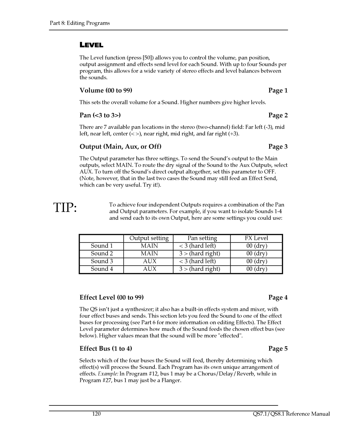 Alesis QS8.1, QS7.1 manual Pan 3 to, Output Main, Aux, or Off, Effect Level 00 to, Effect Bus 1 to 